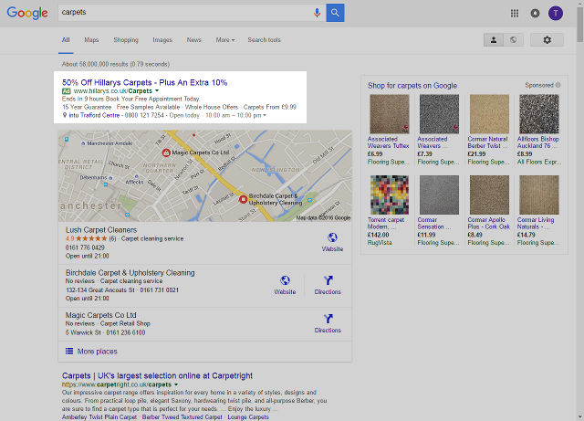 Google Ads carpets results